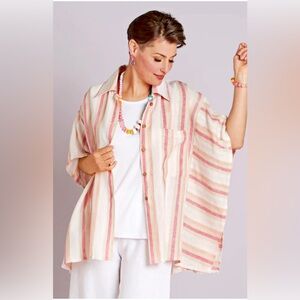 Saachi Striped Linen Cotton‎ Oversized Button Shirt Blouse One Size